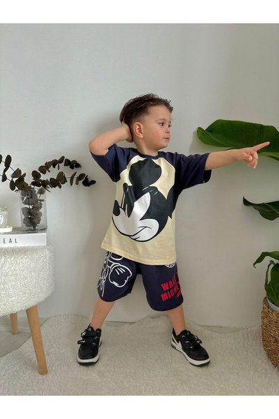 Morbellabutikaksesuar Boy's Mickey Mouse Printed Short Sleeve Black-Cream Sui...