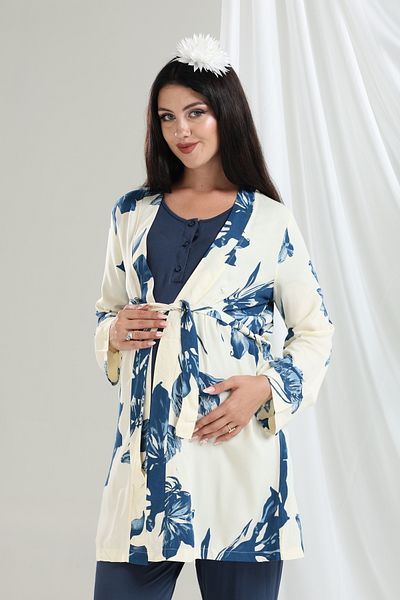 BLACKMORE Tuba Navy Blue Patterned Cotton Maternity Pajamas Set with Maternity Maternity 3-Piece Pajamas Set