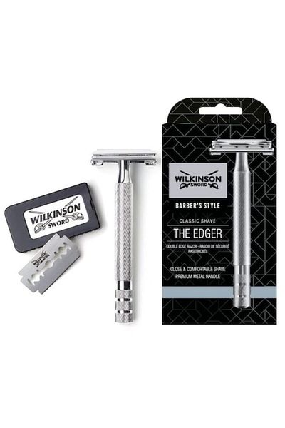 Wilkinson Classic The Edger Double Edge Razor with Stainless Steel + 5 Spare Blades, Grey