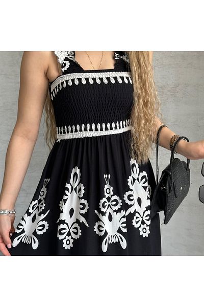 PNR WOMAN Long Viscose Gilet Dress with Square Neckline Straps and Gipsey Pattern on the Bust