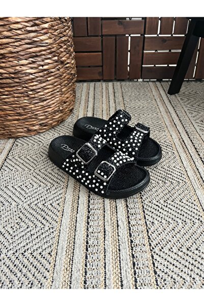 Genel Markalar Simli Taşlı Ortopedik Yumuşak Tabanlı Konfor Modeli Terlik Çift Tokalı BRK Günlük Rahat Terlik