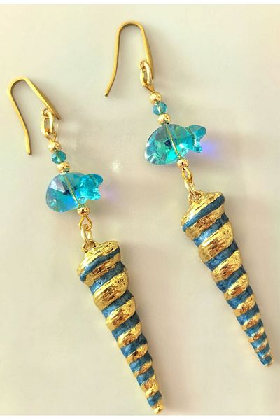 THİNBLACK Hanging Steel Earrings, Turquoise Glass Fish and Sea Minaret Figure