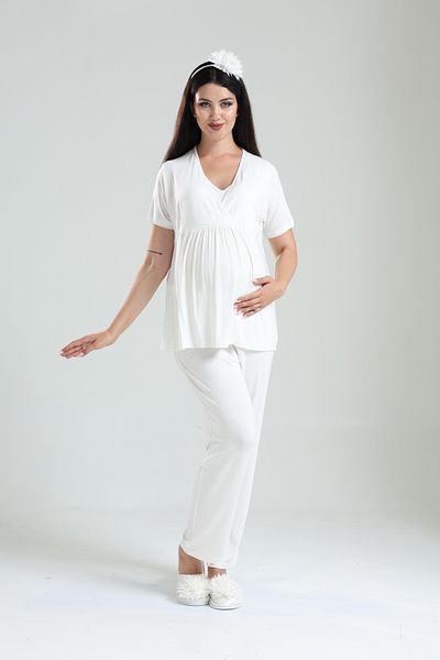 BLACKMORE Tuba Ecru Muslim Fabric Double Breasted Maternity Pajamas Set with Maternity Maternity 3-Piece Pajamas Set