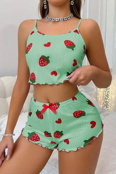 Ruselin Missayza Women's Strawberry and Heart Patterned Green Shorts Set