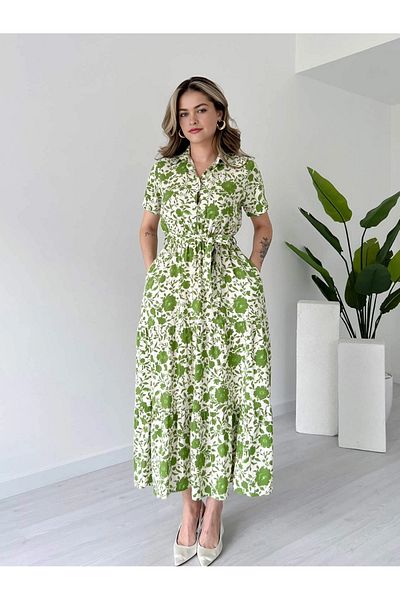 Dks Life Shirt Collar Floral Pattern Buttoned Waist Elastic Belted Pocket Long Viscose Dress