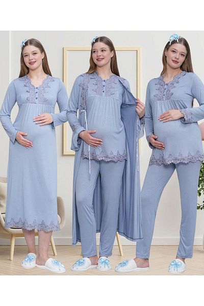 Mecit Pijama Mecit 1519 Blue Maternity Dressing Gown Nightgown Pajama Set