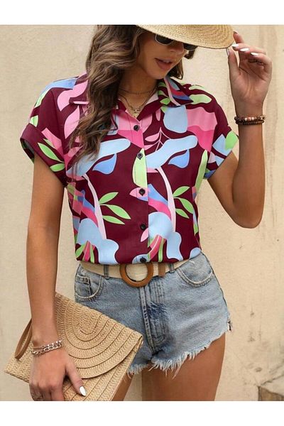 Modayakamoz Women's Moss Crepe Fabric Short Sleeve Flower Patterned Shirt