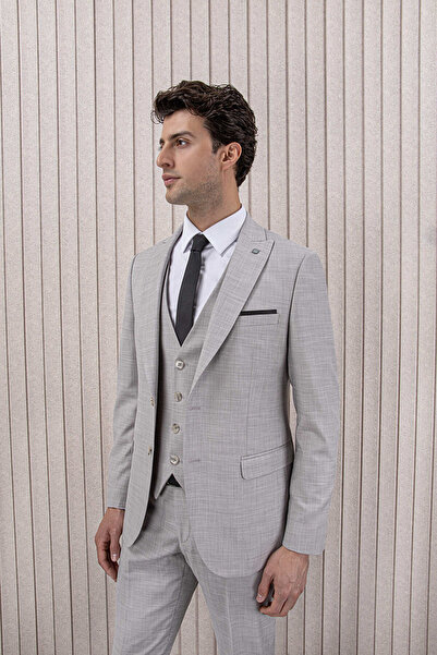 MUBE Erkek Likralı Slim Fit Sivri Yaka Yelekli Takım Elbise