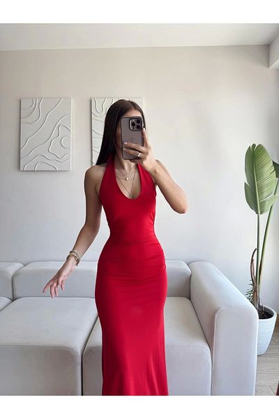 Zoom Butik Neck Tie Maxi Dress - Red