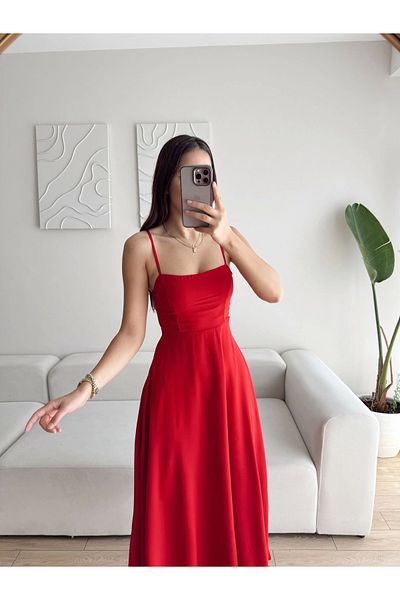 Zoom Butik Flounced Princess Dress with Rope Straps - Red