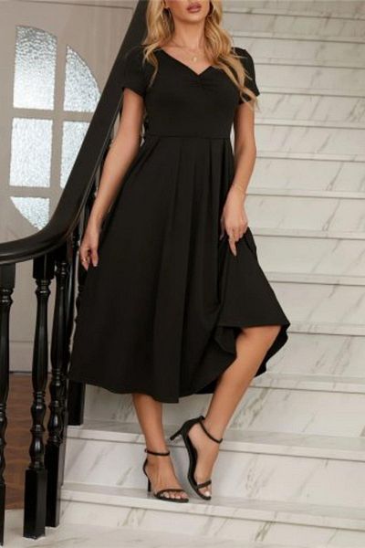 Mossta V-Neck Short Sleeve Midi Dress with Pleated Hem - Black