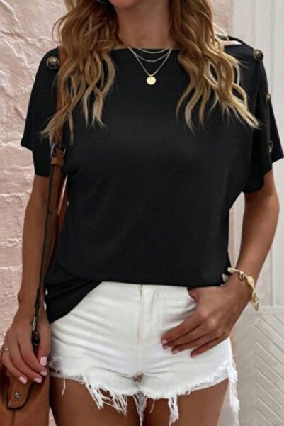 Mossta Off Shoulder Button Detailed Casual Viscose Blouse - Black