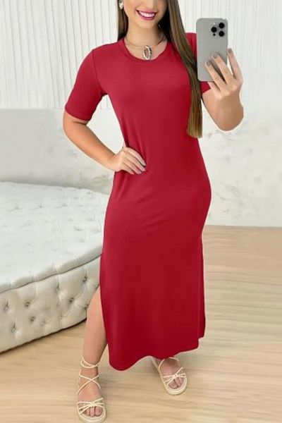 Mossta Short Sleeve Crew Neck Slit Basic Dress - Red