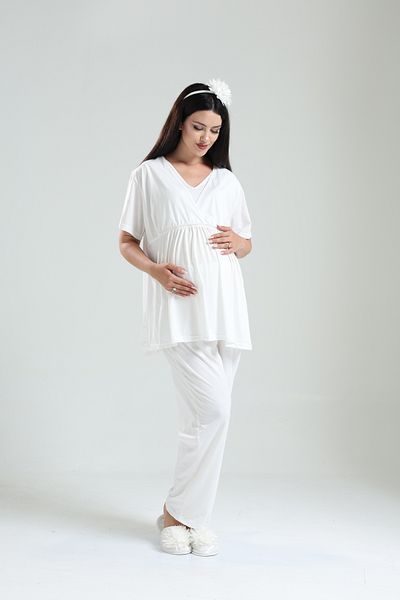BLACKMORE Tuba Ecru Double Breasted Cotton Lace Maternity Pajamas Set with Maternity Pajamas Set of 3