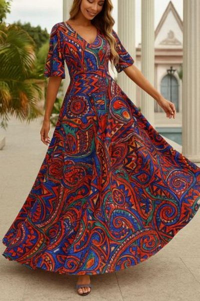 Mossta V-Neck Ethnic Print Short Sleeve Long Dress - Patterned