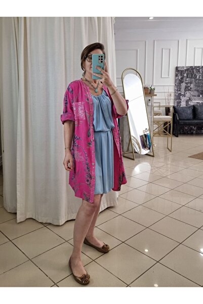 pudubutik Pullu Keten Tunik Gömlek Elbise Pembe İtalyan