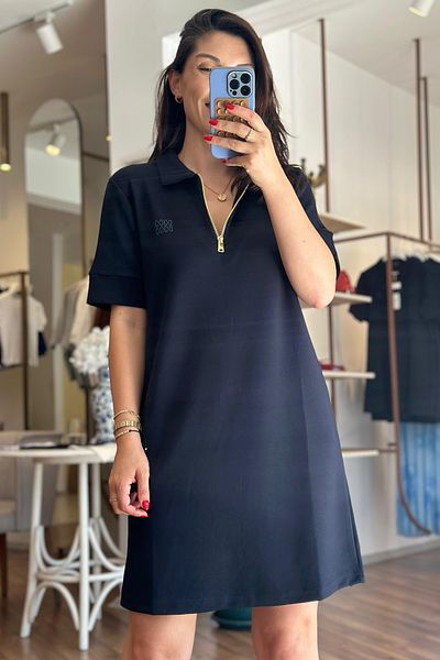 Unique Boutique Polo Neck Half Zipper Navy Blue Modal Fabric Dress