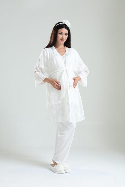 BLACKMORE Tuba Ecru Double Breasted Cotton Lace Maternity Pajamas Set with Maternity Pajamas Set of 3