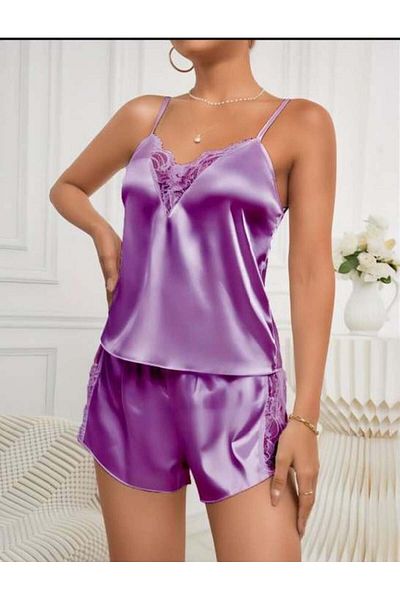 civetta Purple lace embroidered thin strap satin shorts set