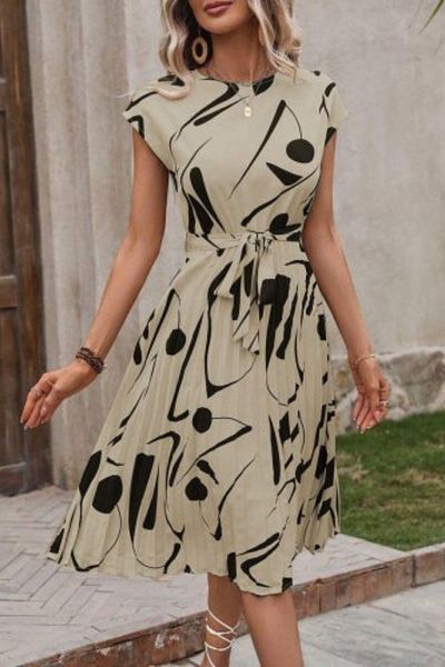 Mossta Round Neck Patterned Pleated Belted Single Jersey Dress - Beige