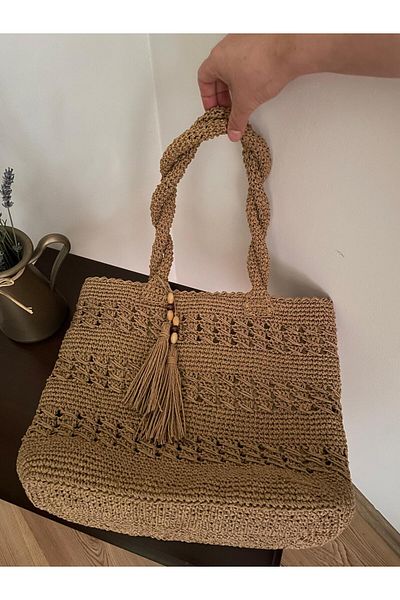 ELİŞİ MODA Light Brown Color, Handmade Paper String Knitted Bag, Casual Hanging Shoulder Bag Lined, Pocket, Snap Fastener