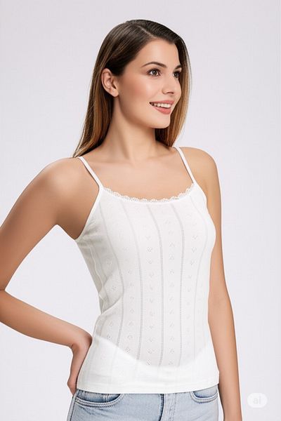 vory Women's White Thin Strap Jacquard Colorful Undershirt T-Shirt Vr.L20.23.123.Y01