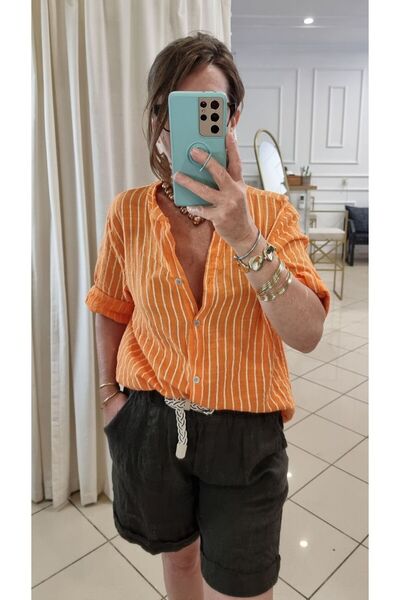 pudubutik Oversize Cotton Striped Shirt Orange