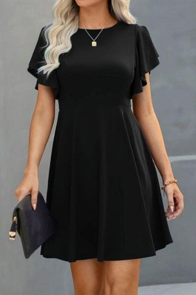 Mossta Crew Neck Flounce Sleeve Detailed Crepe Dress - Black