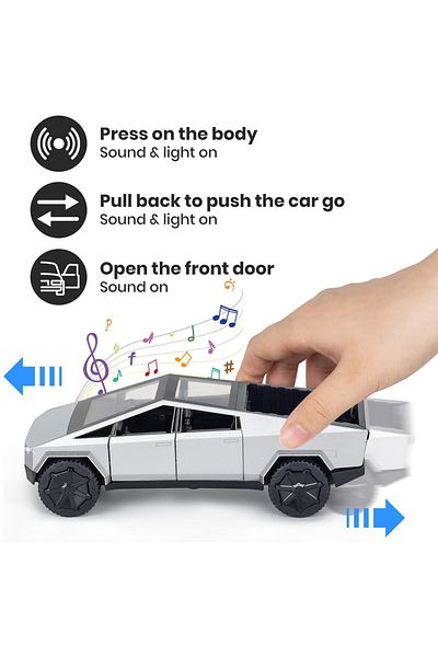 PLAYZO Pull Back Die-Cast Cybertruck Toy with Lights & Sound – Openable Doors, Frunk, and Realistic Details
