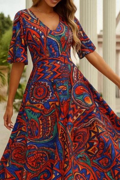 Mossta V-Neck Ethnic Print Short Sleeve Long Dress - Patterned