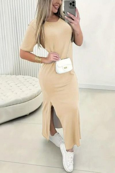 Mossta Short Sleeve Crew Neck Slit Basic Dress - Beige