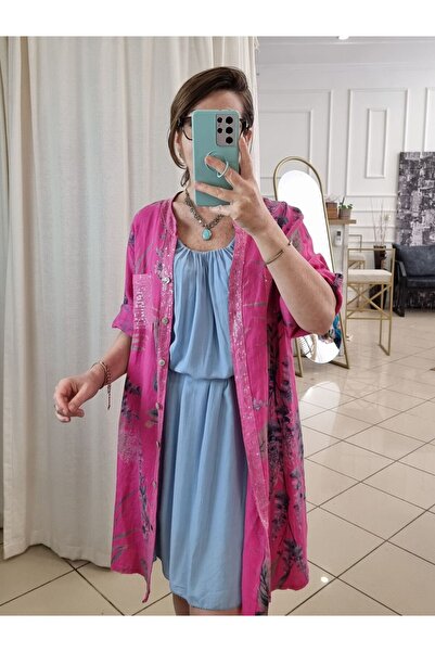 pudubutik Pullu Keten Tunik Gömlek Elbise Pembe İtalyan