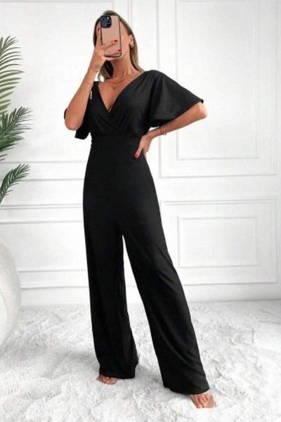 Mossta V-Neck Bat Sleeve Wide Leg Jumpsuit - Black