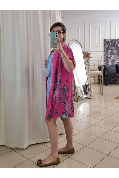 pudubutik Pullu Keten Tunik Gömlek Elbise Pembe İtalyan