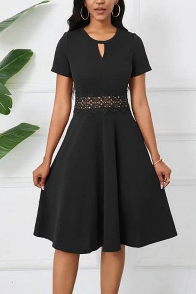 Mossta Round Neck Waist Detailed Crepe Dress - Black
