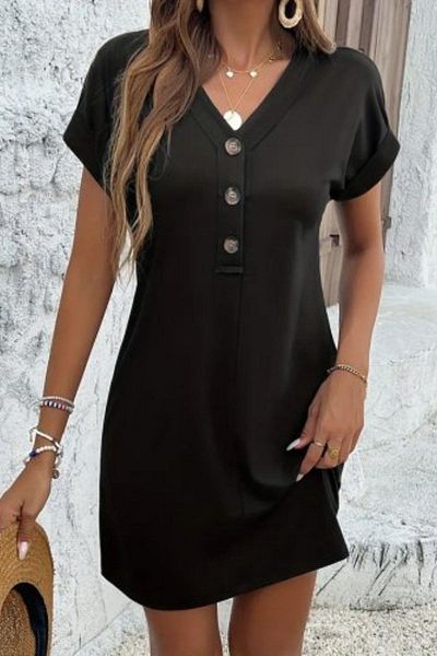 Mossta V-Neck Button Detail Short Sleeve Mini Dress - Black
