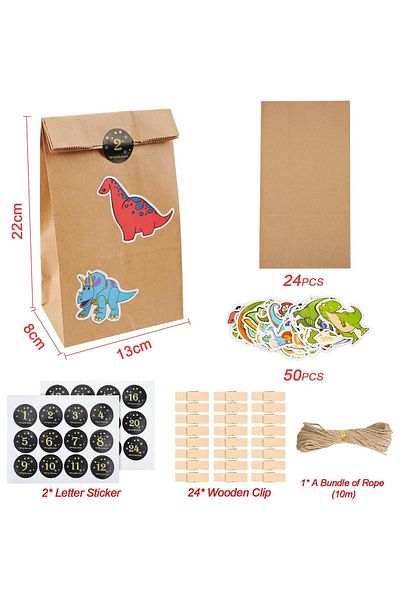OEM Set 24 pungi cu stickere, cleme si ata, 13 x 8 x 22 cm, hartie, lemn, multicolor