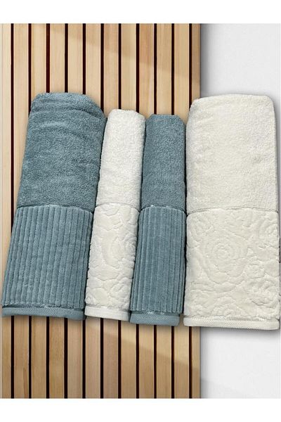 Çeyiz Diyarı Sevgi Bath Set 4 Pieces Cream - Petrol