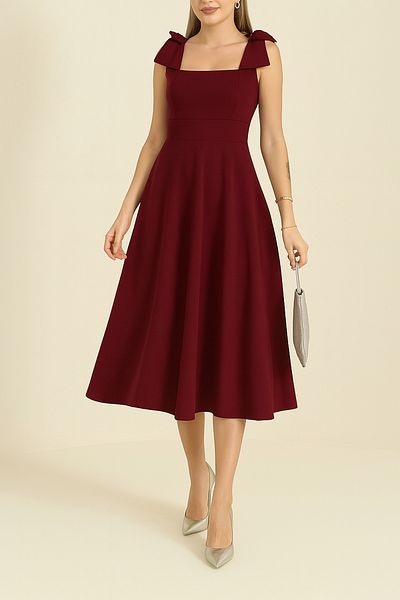 MILANOFOX Skuba Women's Burgundy Dress with Shoulder Bow - Summer Stylish Midi Dress