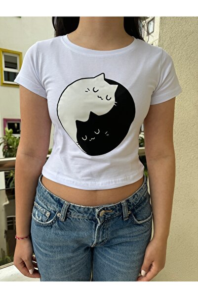 GRİLAND Kadın Beyaz Girift Baskılı Crop Likralı Pamuklu Slim Fit Kısa Crop