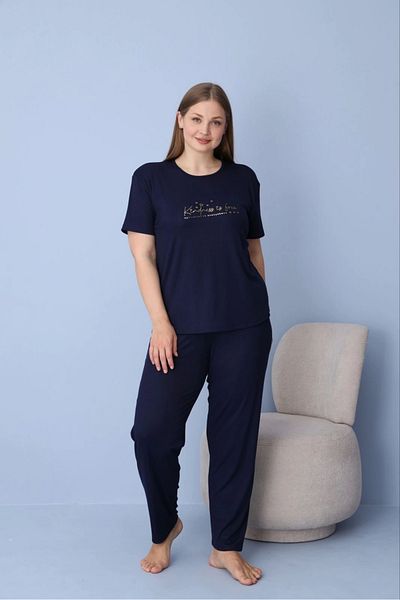 Pijamoni Women's Plus Size Navy Blue Short Sleeve Dublin Fabric Pajama Set – 5425