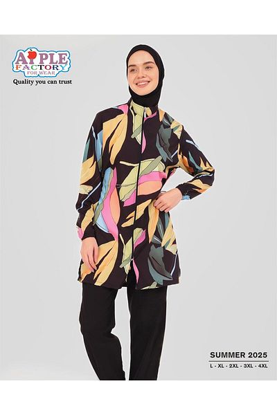 ALFASA Women's Black Printed Full Coverage 3 Piece Hijab Swimsuit Set