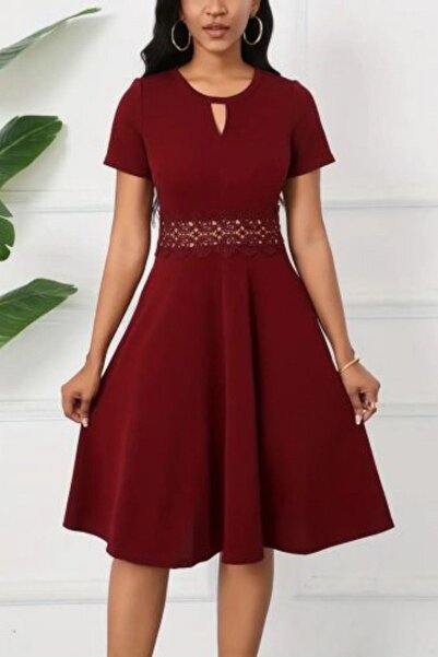 Mossta Round Neck Waist Detailed Crepe Dress - Claret Red