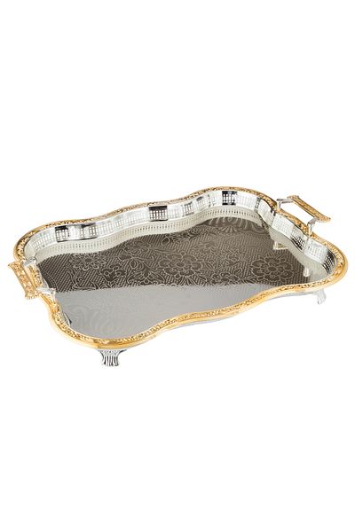 Dania Metal Serving Tray with Silver Color and Golden Decoration with Elegant Legs, Size 60*45 cm