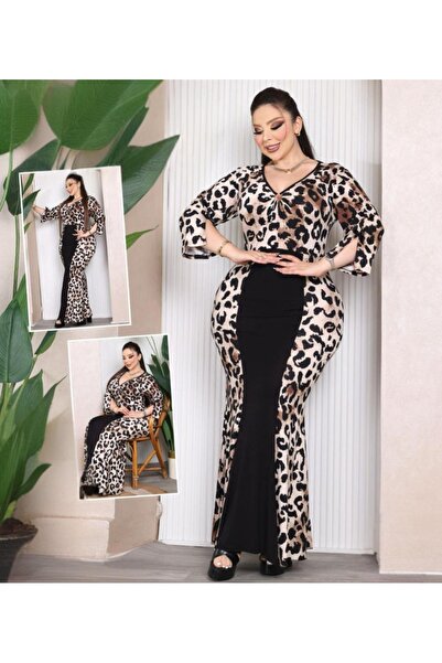 Eiline Kadın Likralı Leopar Desenli V Yaka Elbise