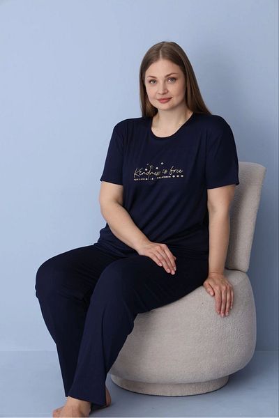 Pijamoni Women's Plus Size Navy Blue Short Sleeve Dublin Fabric Pajama Set – 5425