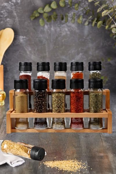 Rapt 11 Piece Glass Spice Set with Wooden Stand and Ladder Spice Rack