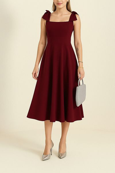 MILANOFOX Skuba Women's Burgundy Dress with Shoulder Bow - Summer Stylish Midi Dress
