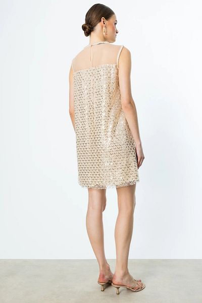 Ekol Sequined and Beaded Above Knee Dress Ecru-5206