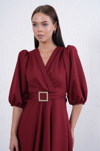 vuvutasarım Stretch Fabric Short Balloon Sleeves V Neck Belt Detail Flared Cut Midi Length Burgundy Evening Dress 3602